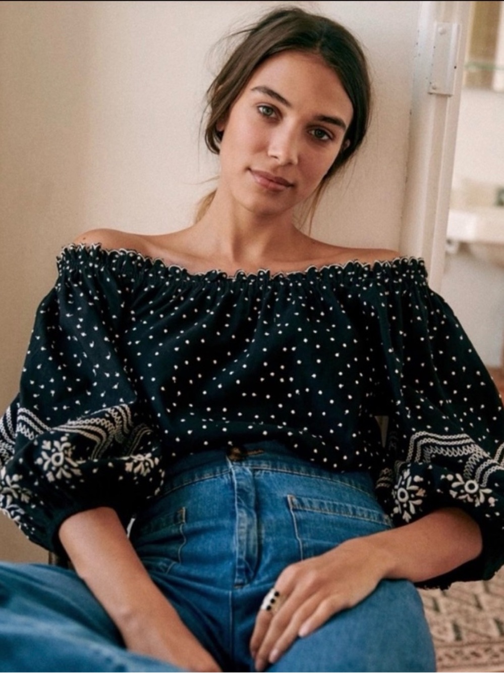 Sezane Black Off-Shoulder Bandana Print Blouse - Picture 3 of 8